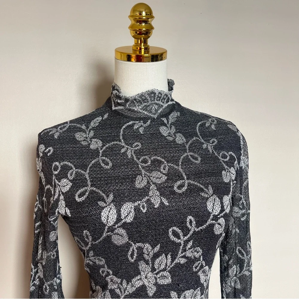 Vintage‎ Y2K Floral Mesh Mock Neck Top Small Sheer Long Sleeve - Picture 2 of 10
